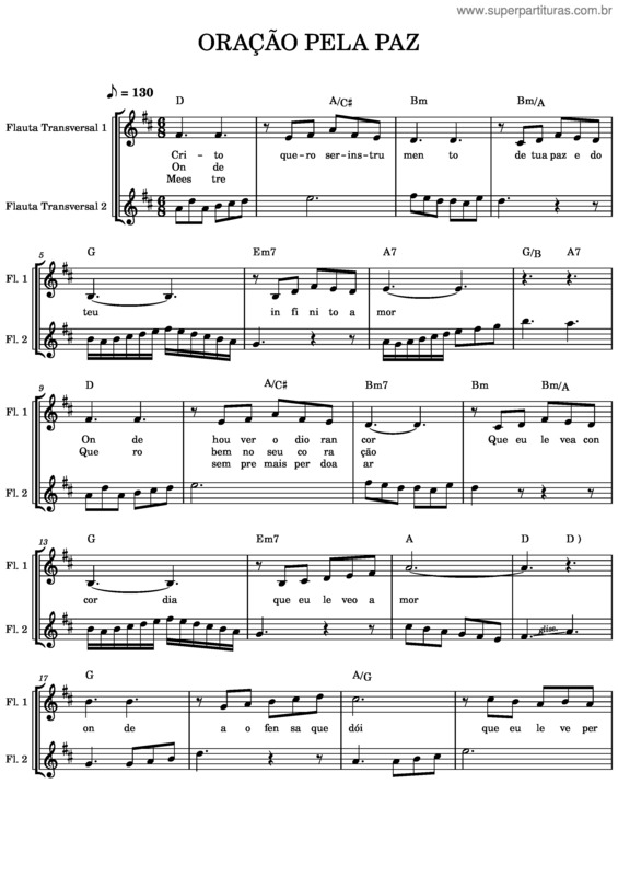 Partitura da música Oração Pela Paz–  D