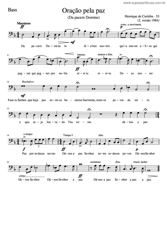 Partitura da música Oração Pela Paz–Bass