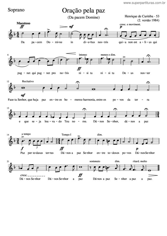Partitura da música Oração Pela Paz–Soprano