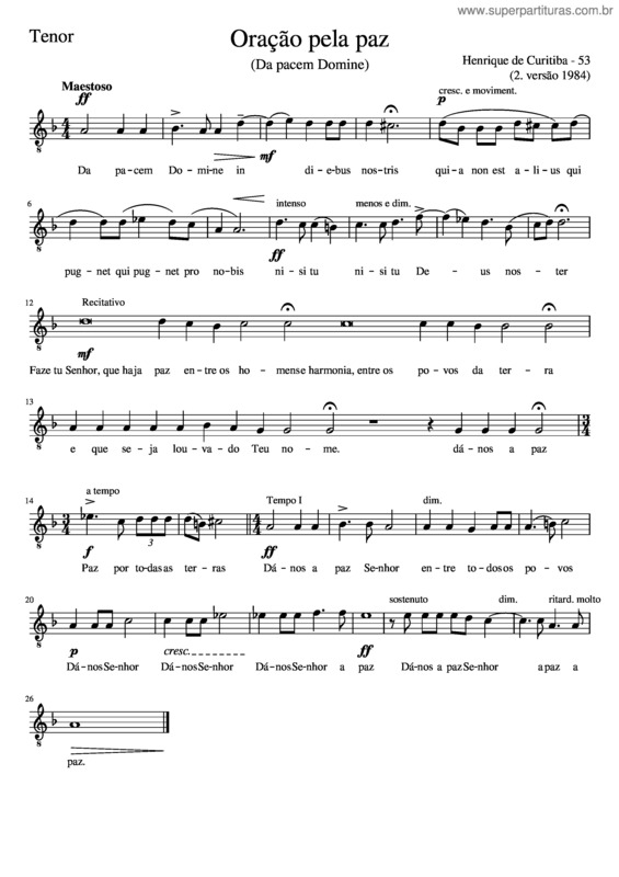 Partitura da música Oração Pela Paz–Tenor