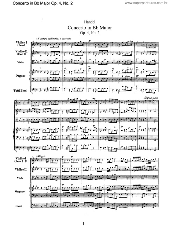 Partitura da música Organ Concerto in B flat major Op.4/2