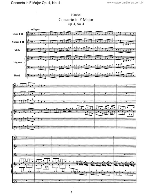 Partitura da música Organ Concerto in F major Op.4/4