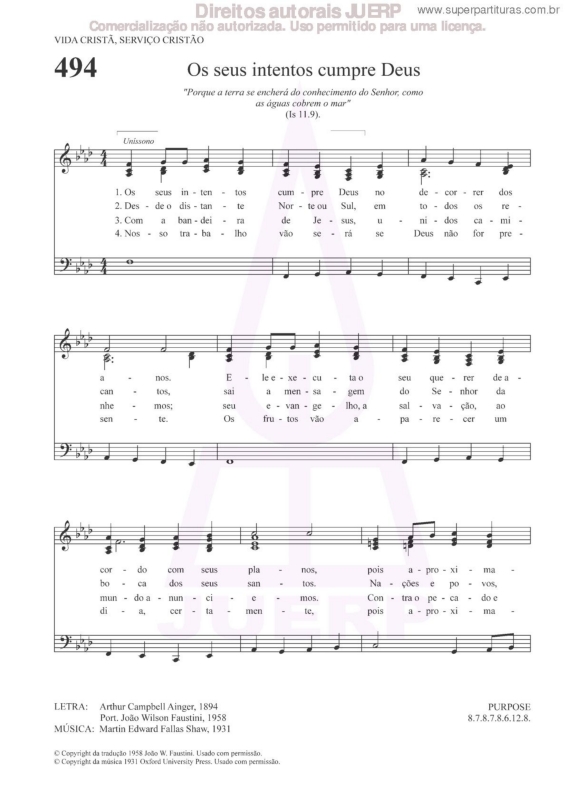 Partitura da música Os Seus Intentos Cumpre Deus - 494 HCC v.2