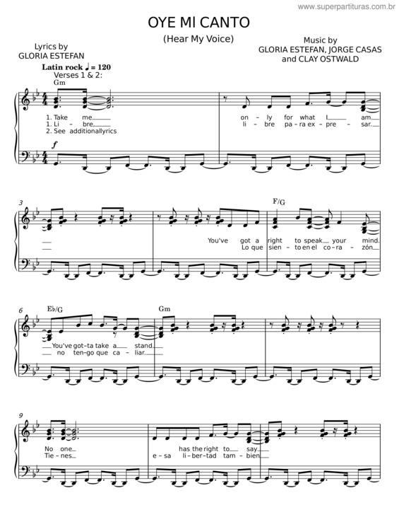 Partitura da música Oye Mi Canto – Gloria Estefan