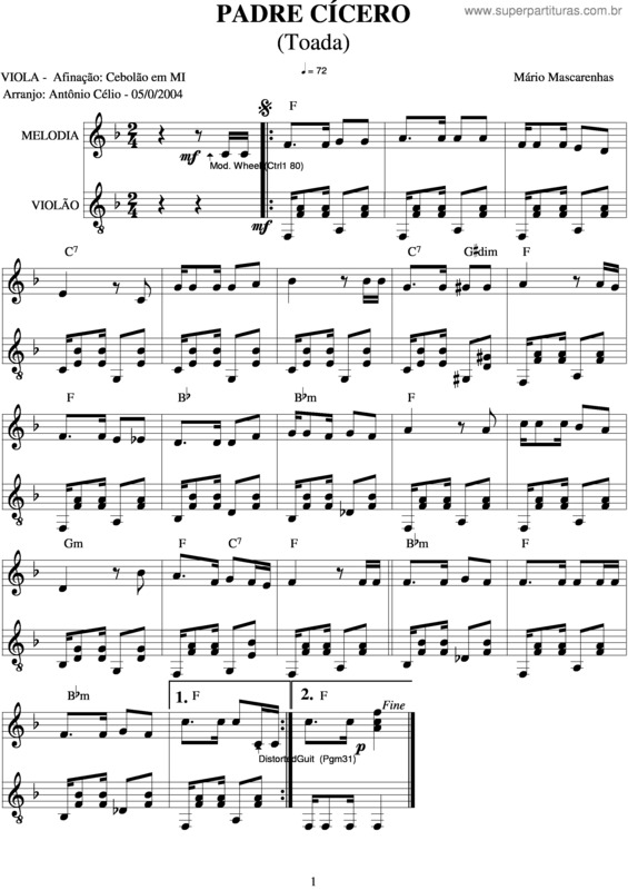 Partitura da música Padre Cícero