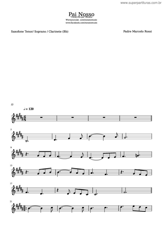 Partitura da música Padre Marcelo Rossi Pai Nosso Saxofone Tenor Soprano Clarinete