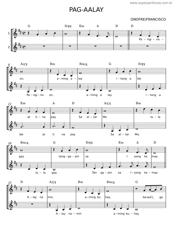 Partitura da música Pag–Aalay – Onofre