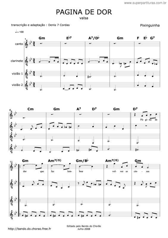 Partitura da música Página De Dor