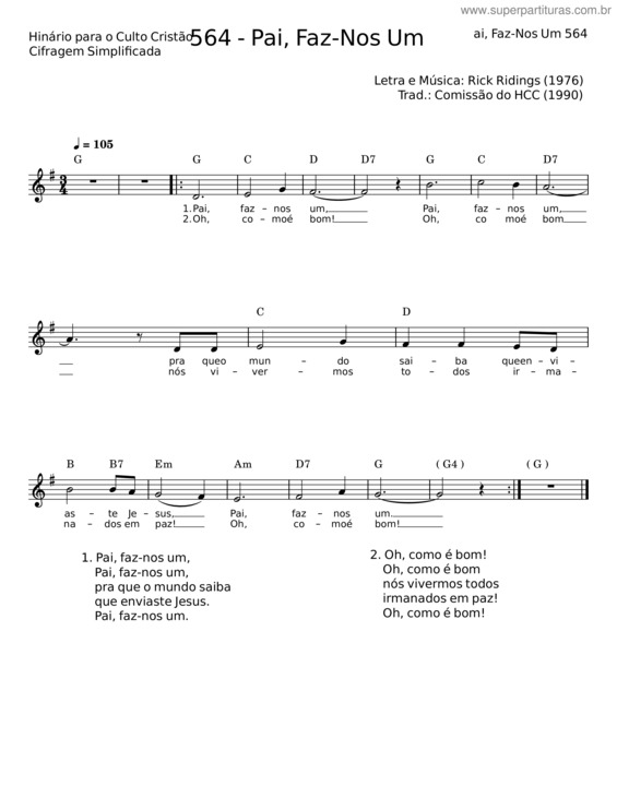 Partitura da música Pai, Faz–Nos Um – Rick Ridings