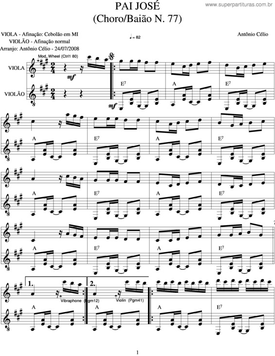 Partitura da música Pai José