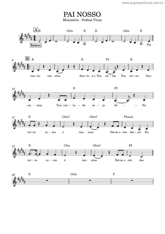 Partitura da música Pai Nosso – Pedras Vivas