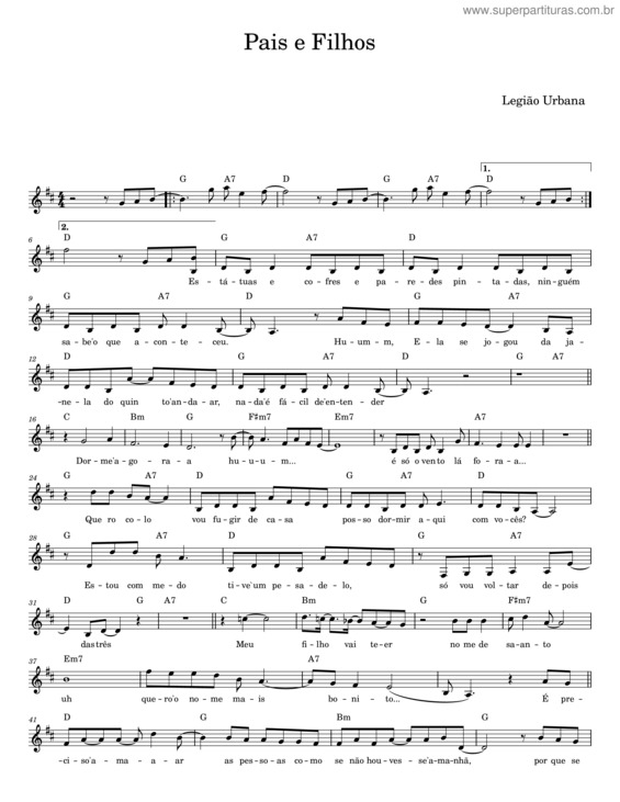 Partitura da música Pais E Filhos – Legião Urbana
