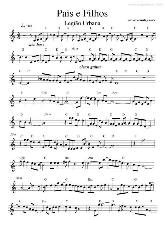 Partitura da música Pais e Filhos v.3