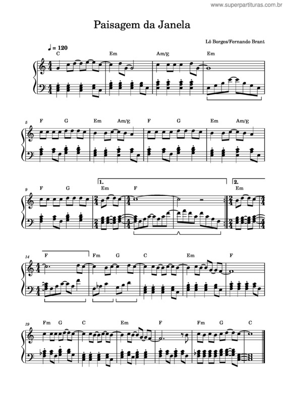 Partitura da música Paisagem Da Janela – Lô Borges/Fernando Brant