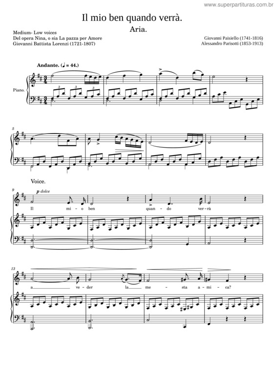 Partitura da música Paisiello – Il Mio Ben Quando Verrá – Rem – Medium– Low Voice
