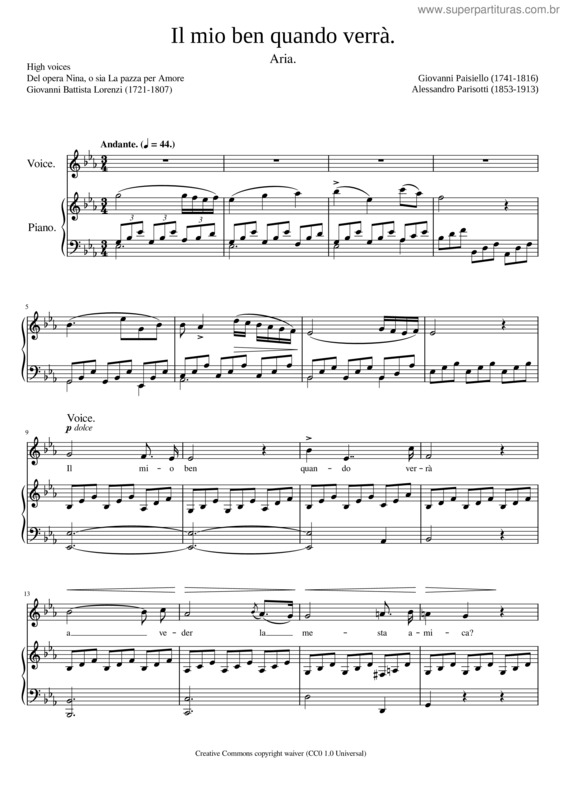Partitura da música Paisiello Giovanni – Il Mio Ben Quando Verrà High