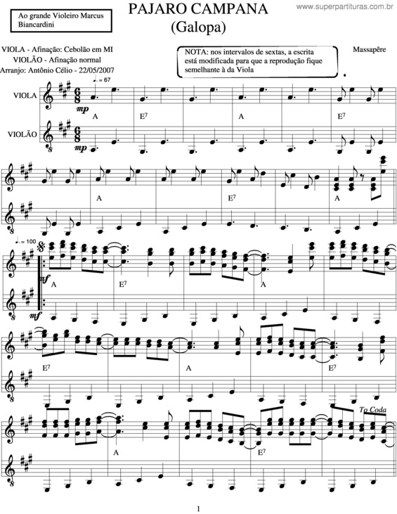 Partitura da música Pajaro Campana v.2