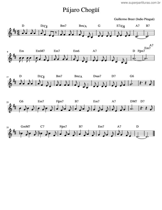 Partitura da música Pajaro Chogui
