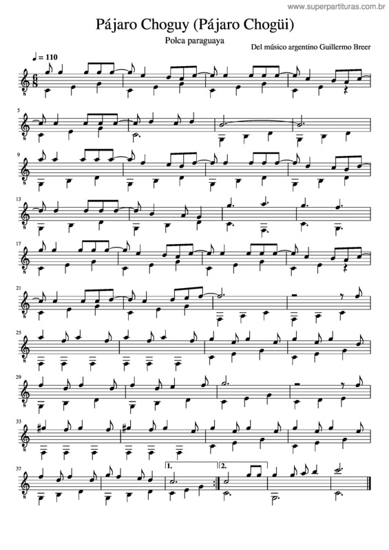 Partitura da música Pájaro Choguy – Guillermo Breer