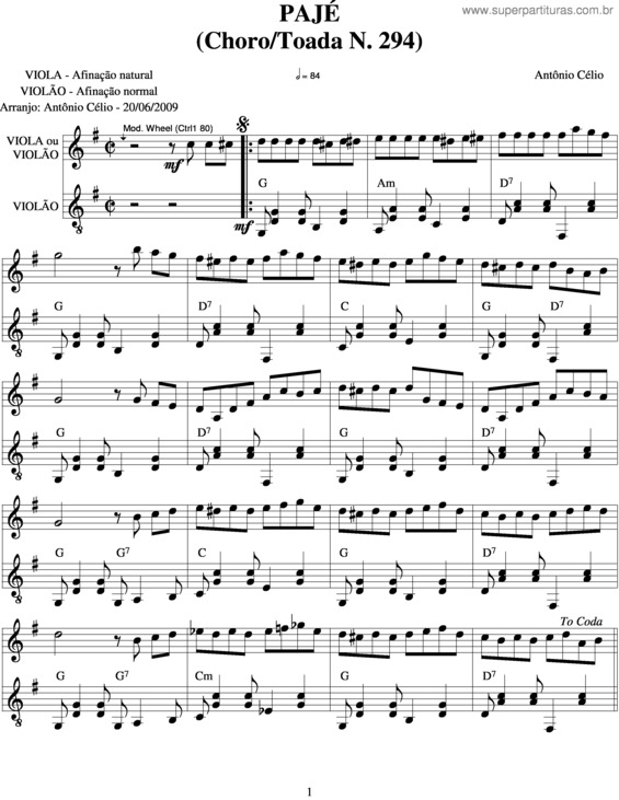 Partitura da música Pajé