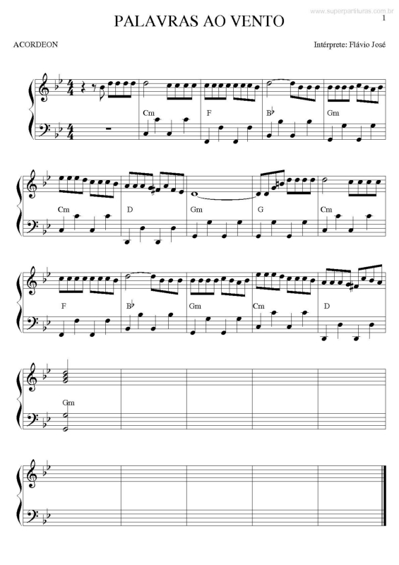 Partitura da música Palavras ao Vento