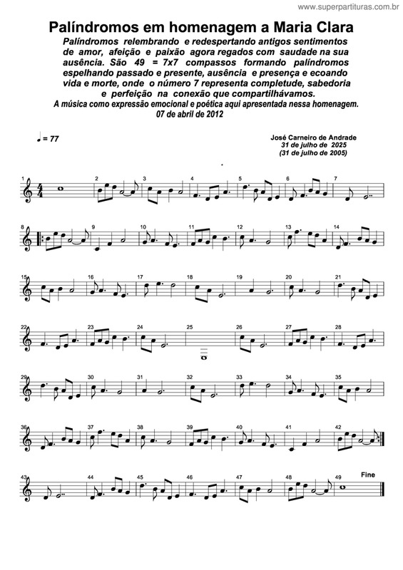 Partitura da música Palíndromos Em Homenagem A Maria Clara v.2