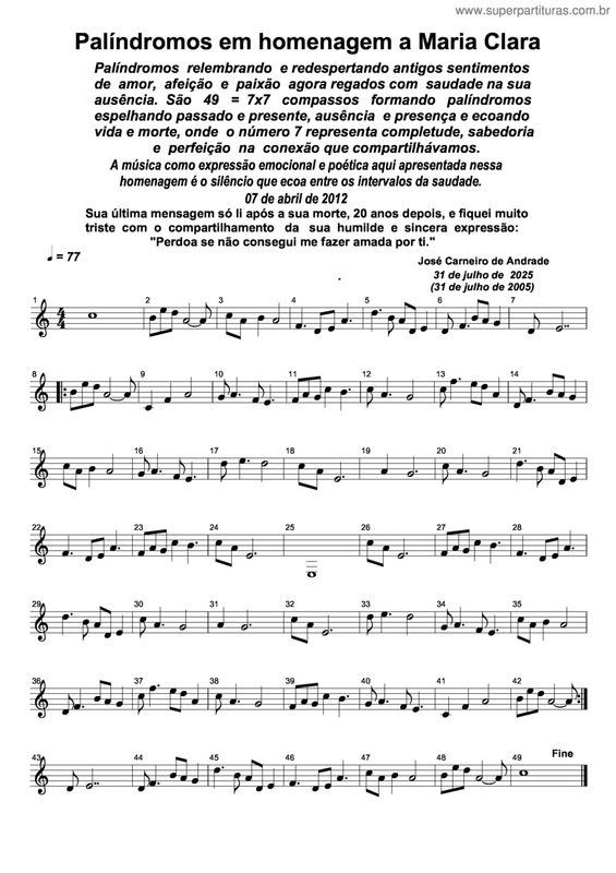 Partitura da música Palíndromos Em Homenagem A Maria Clara