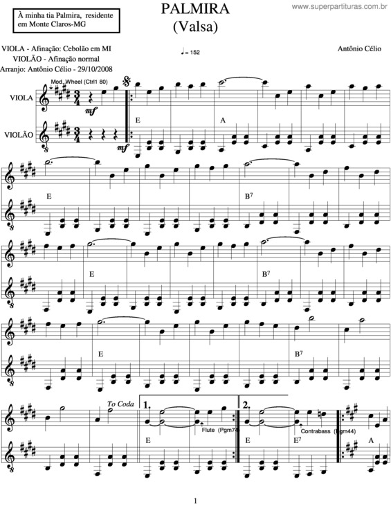 Partitura da música Palmira