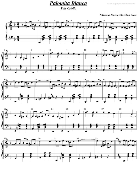 Partitura da música Palomita Blanca