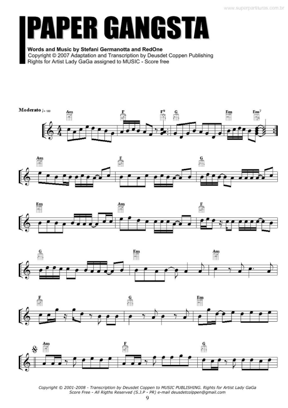 Partitura da música Paper Gangsta