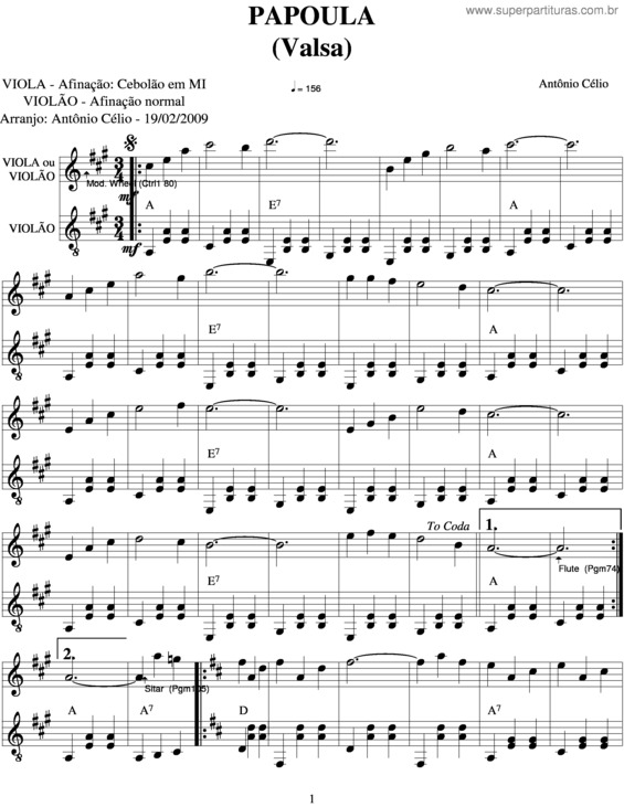 Partitura da música Papoula