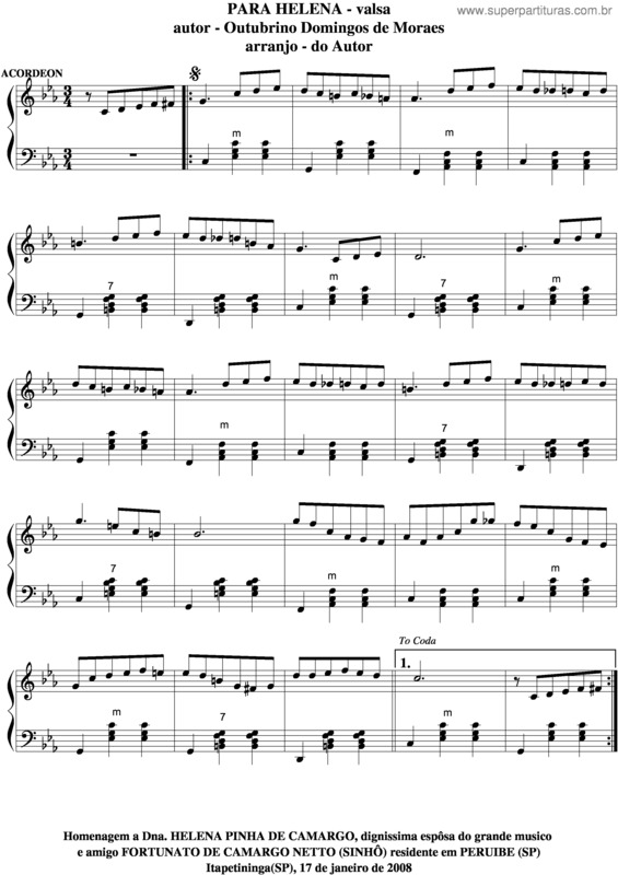 Partitura da música Para Helena v.2