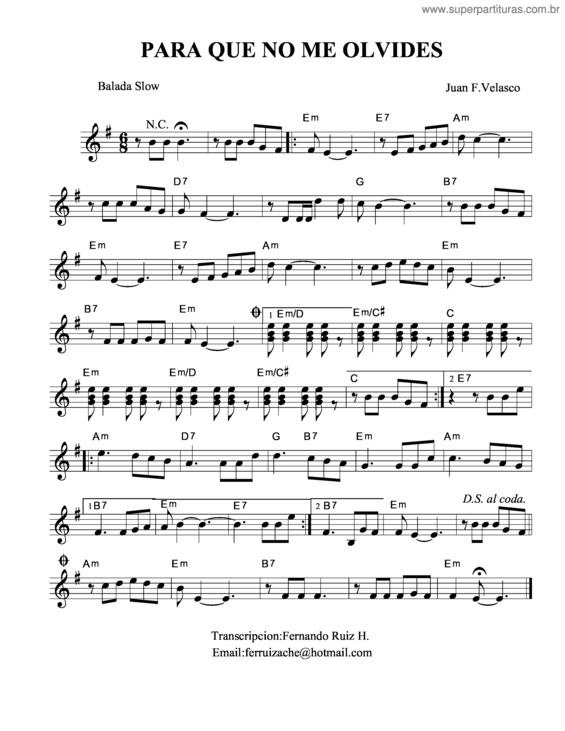 Partitura da música Para Que No Me Olvides