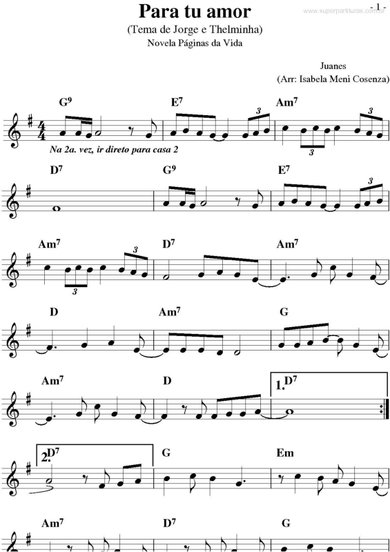 Partitura da música Para Tu Amor (Páginas da Vida)