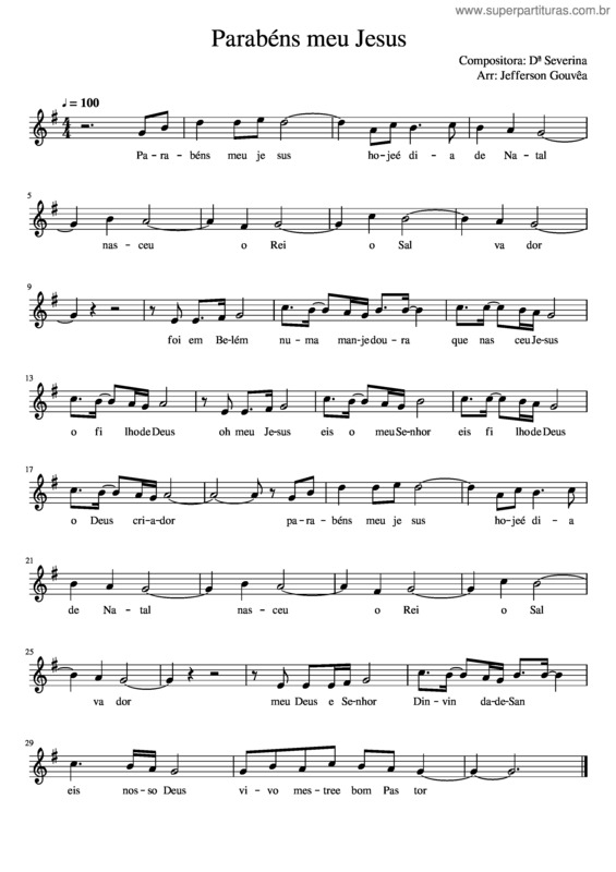 Partitura da música Parabéns Meu Jeus