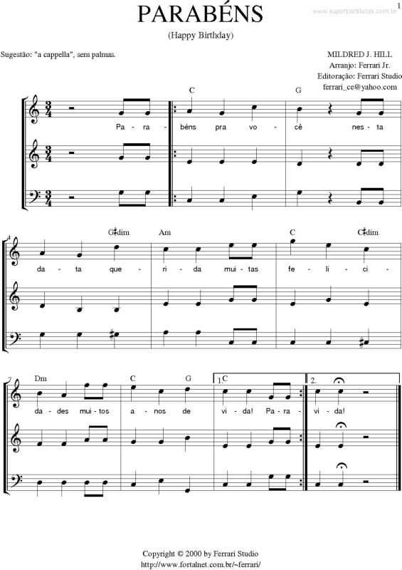 Partitura da música Parabéns Pra Você (Happy Birthday_