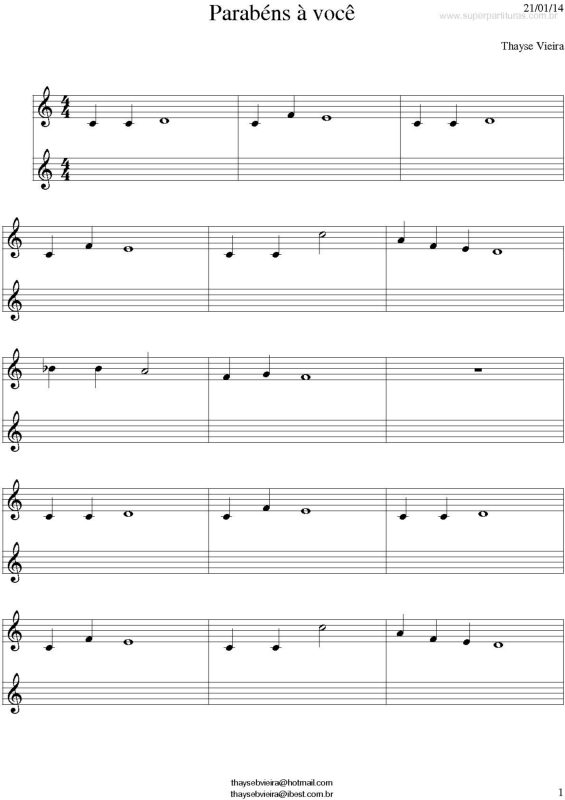 Partitura da música Parabéns Pra Você