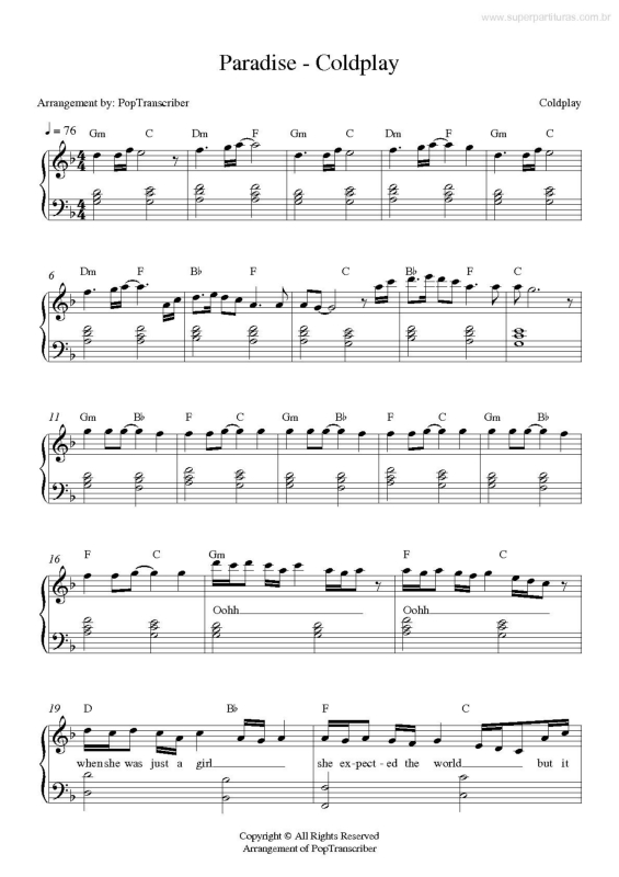 Paradise' Coldplay Piano Arrangement Sheet music for Piano (Solo