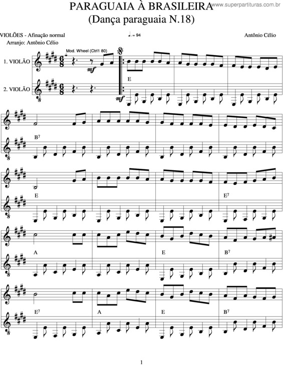 Partitura da música Paraguaia Brasileira