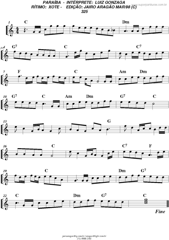 Partitura da música Paraíba