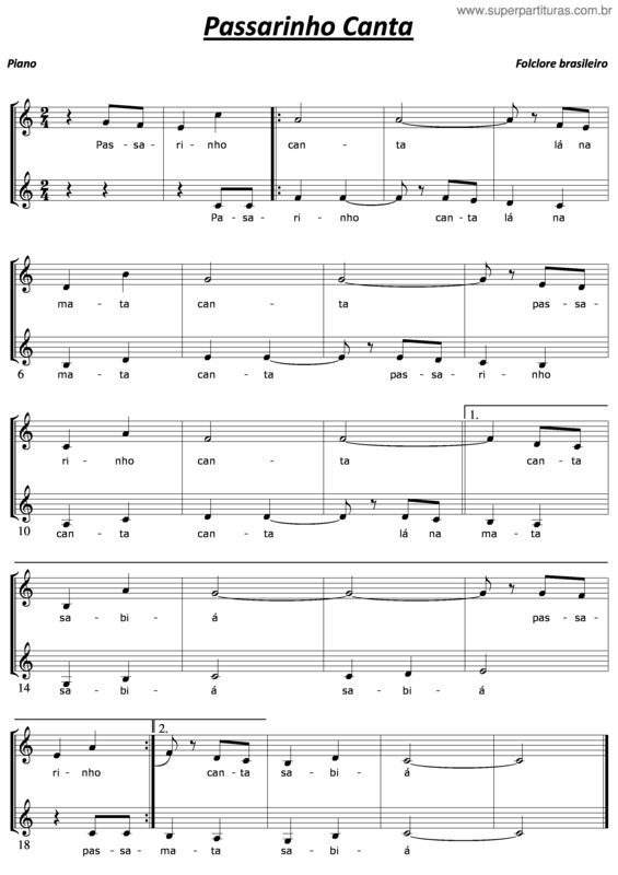 Partitura da música Passarinho Canta