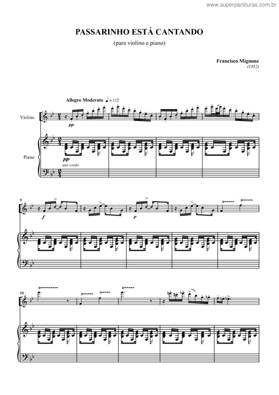 Partitura da música Passarinho está cantando