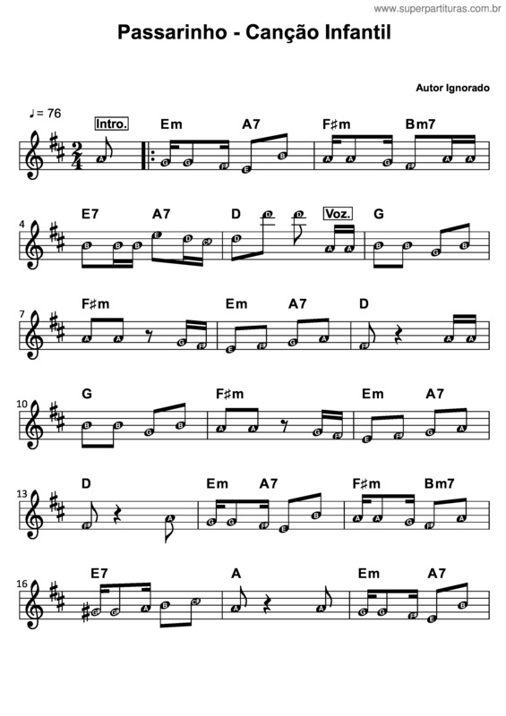 Partitura da música Passarinho