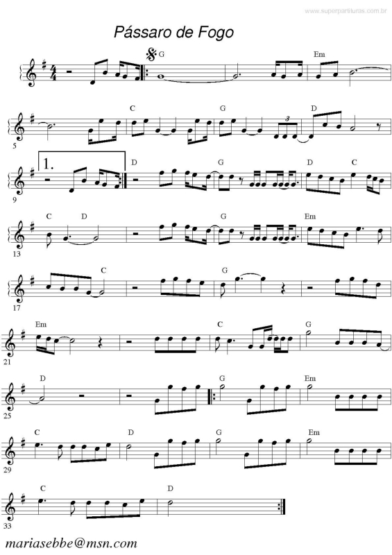 Partitura da música Pássaro de Fogo