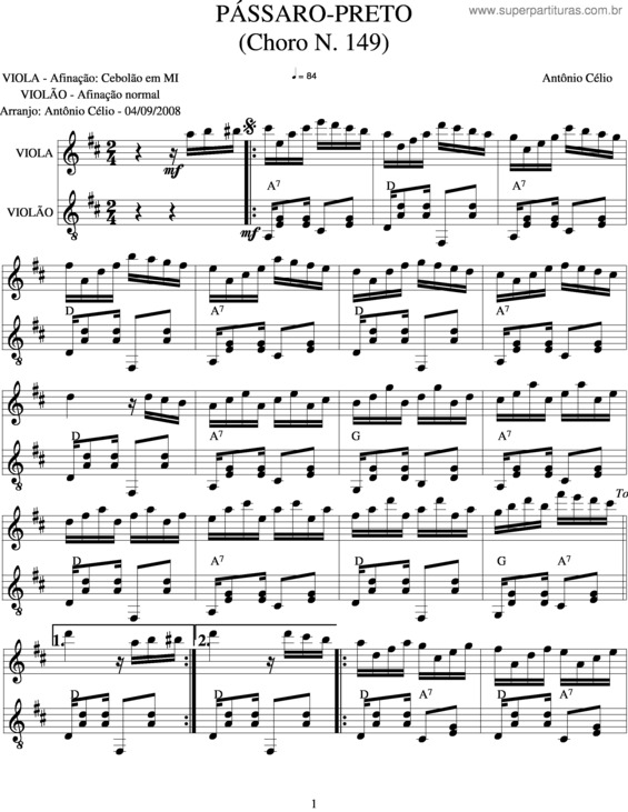 Partitura da música Passaro Preto