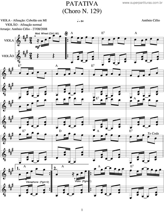 Partitura da música Patativa