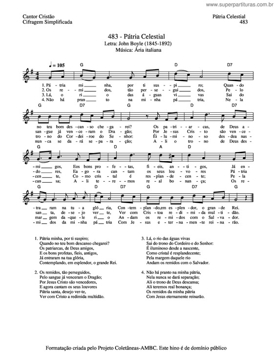 Partitura da música Pátria Celestial