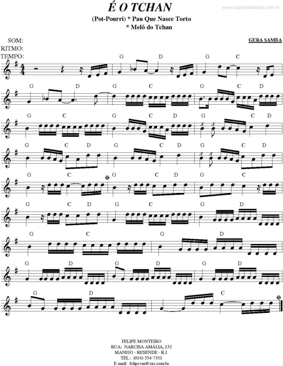 Partitura da música Pau Que Nasce Torto e Melô do Tchan