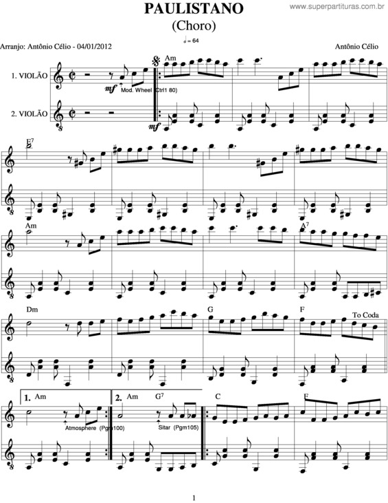 Partitura da música Paulistano