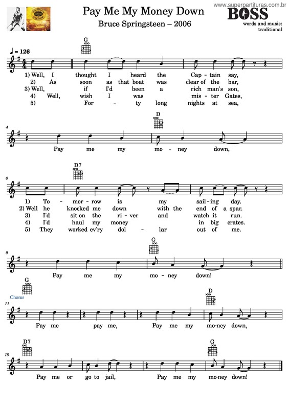 Partitura da música Pay Me My Money Down – Bruce Springsteen